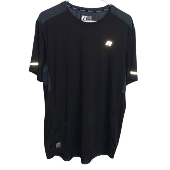 Russell Athletic Training Fit Mens Shirt Black L Reflective Accents Short Sleeve - Picture 1 of 9